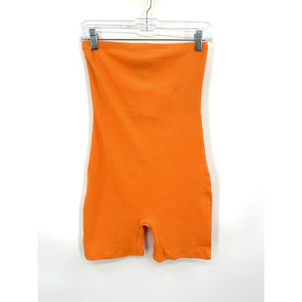 NWT FOREVER 21 Orange Ribbed Strapless Bodycon Biker Shorts Bodysuit Size Large